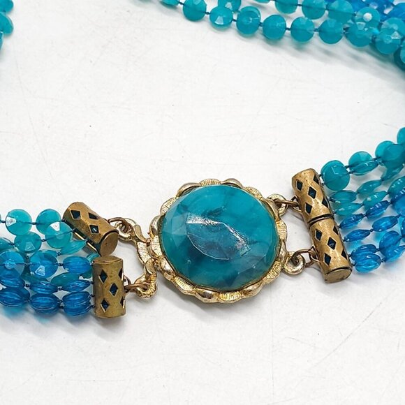 Multi Strand Blue Beaded Necklace Gold-Tone Clasp Faux Turquoise Center Accent - Picture 4 of 6